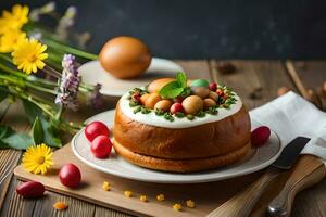 un pastel con huevos y flores en un de madera mesa. generado por ai foto