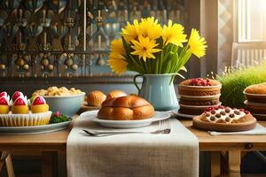 un mesa con varios tipos de comida y flores generado por ai foto
