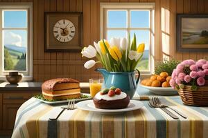 a table with a cake, flowers and a clock on it. AI-Generated photo
