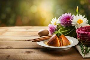 chino tradicional primavera festival postre con flores y huevos en de madera mesa. generado por ai foto