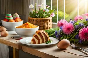 Pascua de Resurrección cena con flores y pastel en mesa. generado por ai foto