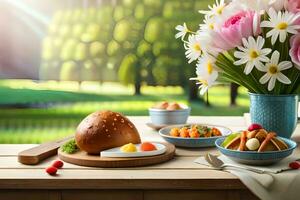 a table with a plate of food and flowers. AI-Generated photo