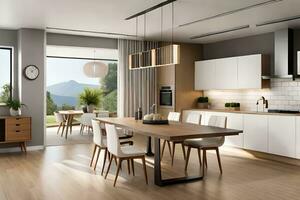 moderno cocina con de madera piso y blanco gabinetes generado por ai foto