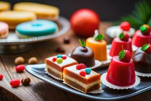 various desserts on a plate on a table. AI-Generated photo