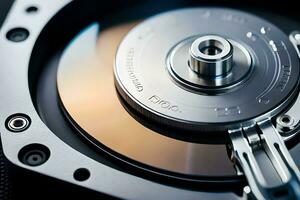 a close up of a hard drive with a metal disk. AI-Generated photo