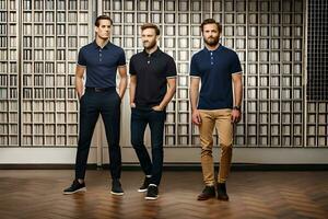 three men in blue polo shirts and pants standing in front of a wall. AI-Generated photo