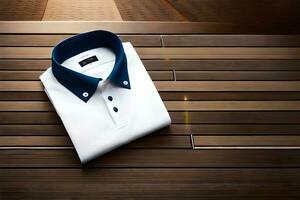 a white shirt and blue collar on a wooden floor. AI-Generated photo