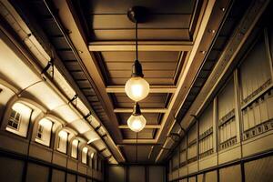 a long hallway with light bulbs hanging from the ceiling. AI-Generated photo