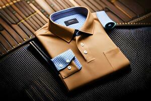 a brown shirt and blue shirt laying on a table. AI-Generated photo