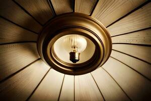 a light bulb is on a wooden ceiling. AI-Generated photo