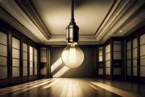 an empty room with a light bulb hanging from the ceiling. AI-Generated photo