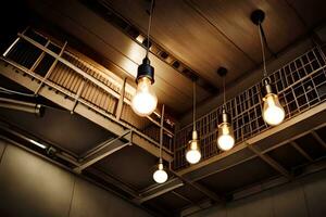 Tres ligero bombillas colgar desde el techo de un habitación. generado por ai foto
