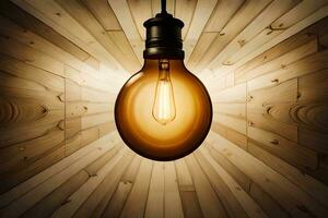 a light bulb hanging from a wooden wall. AI-Generated photo