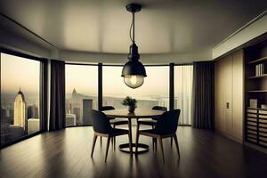 un comida habitación con un mesa y sillas en frente de un grande ventana. generado por ai foto
