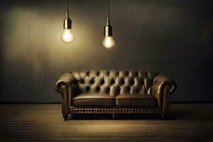a leather couch and two light bulbs hanging from the ceiling. AI-Generated photo