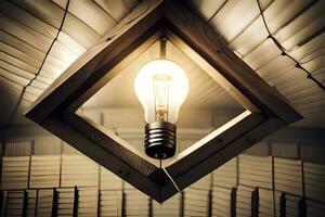 a light bulb is hanging from a wooden frame. AI-Generated photo