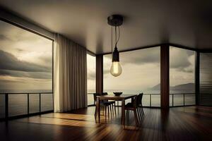 un comida habitación con un mesa y sillas en frente de un grande ventana. generado por ai foto