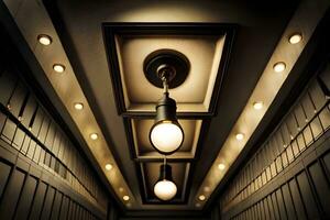 a hallway with three light bulbs hanging from the ceiling. AI-Generated photo