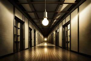 a long hallway with a light bulb hanging from the ceiling. AI-Generated photo