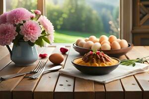 un mesa con huevos, flores y un cuenco de pudín. generado por ai foto