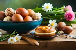 a bowl of eggs and flowers on a table. AI-Generated photo