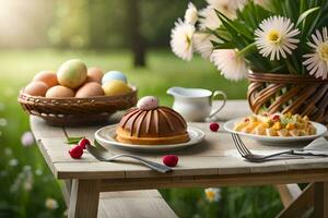 easter breakfast with cake and eggs on a table in the park. AI-Generated photo