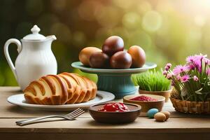 easter breakfast with eggs, bread, cake and flowers. AI-Generated photo