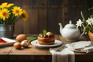 un mesa con flores y un té maceta. generado por ai foto
