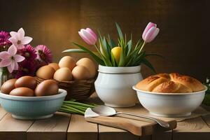 Pascua de Resurrección todavía vida con huevos, flores y un pan. generado por ai foto