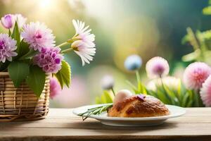 easter breakfast with flowers and easter eggs on table. AI-Generated photo