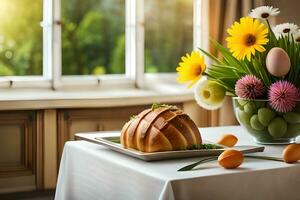 a table with a loaf of bread and flowers. AI-Generated photo