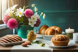 a table with bread, eggs and flowers. AI-Generated photo