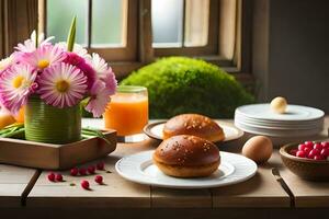 un mesa con un plato de huevos, un pan y flores generado por ai foto