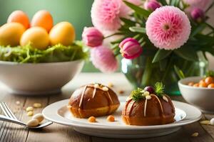 easter dessert with eggs and flowers on table. AI-Generated photo