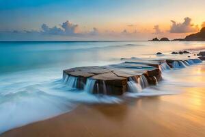 a long exposure photograph of a rock on the beach at sunset. AI-Generated photo