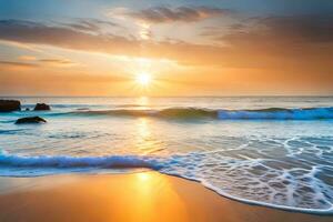 puesta de sol en el playa con olas y rocas generado por ai foto