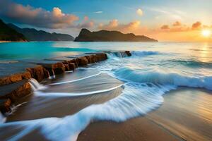 a beautiful sunset over the ocean with waves crashing into the shore. AI-Generated photo