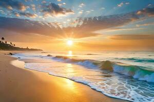 sunset on the beach with waves and palm trees. AI-Generated photo