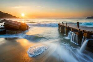 un muelle a puesta de sol con olas estrellarse dentro el océano. generado por ai foto