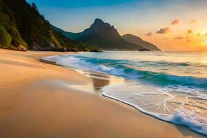 a beach with waves and mountains at sunset. AI-Generated photo