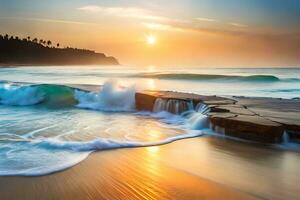 un hermosa puesta de sol terminado el Oceano con olas estrellarse dentro el costa. generado por ai foto