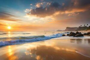 sunset on the beach with waves and rocks. AI-Generated photo