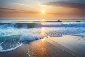 un hermosa puesta de sol terminado el Oceano con olas estrellarse dentro el arena. generado por ai foto