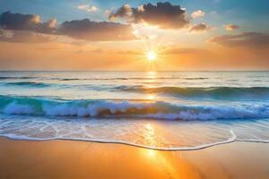 puesta de sol en el playa con olas y nubes generado por ai foto