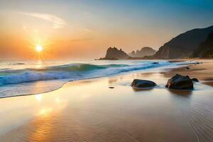 sunset on the beach with rocks and waves. AI-Generated photo