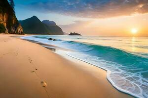 a beach with waves and a sunset. AI-Generated photo