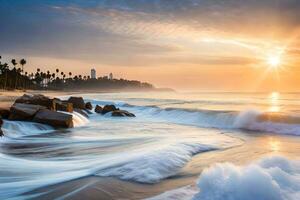 sunset over the ocean with waves crashing into the shore. AI-Generated photo