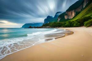 a beach with waves and mountains in the background. AI-Generated photo