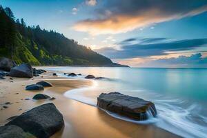 a long exposure photograph of a beach at sunset. AI-Generated photo