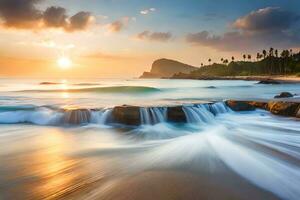 a beautiful sunset over the ocean with waves crashing on the shore. AI-Generated photo
